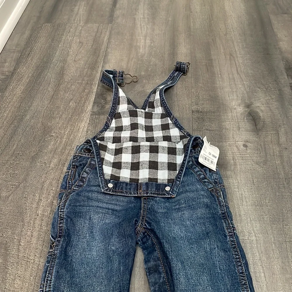 Oshkosh B'gosh Boy Blue Jean Bib Overalls 12-18 months lined flannel NEW